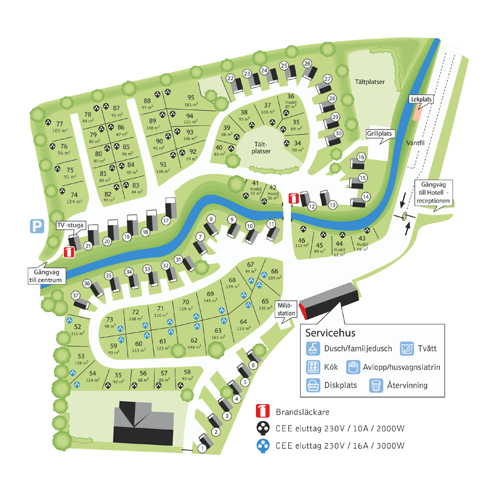 Campingkarta över stugor och tältplatser med servicehus och faciliteter markerade
