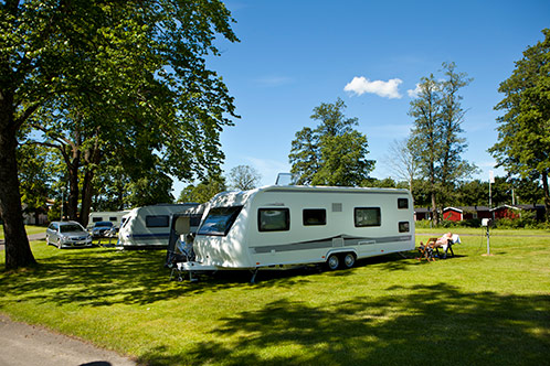 Campingplats med husvagnar och husbilar parkerade på gräsyta under stora träd