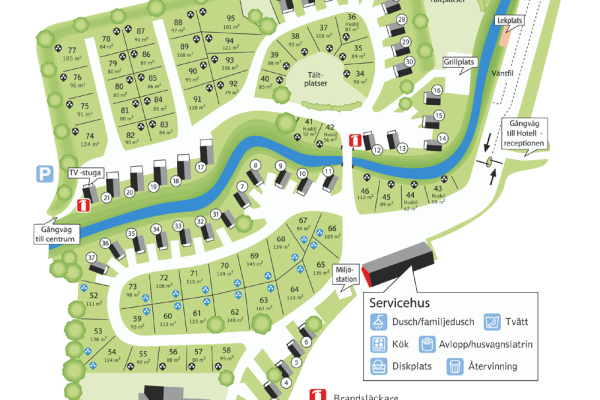 Campingkarta över stugor och tältplatser med servicehus och faciliteter markerade